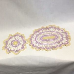 Vintage doilie pair hand made crochet lavender and soft yellow oval and round